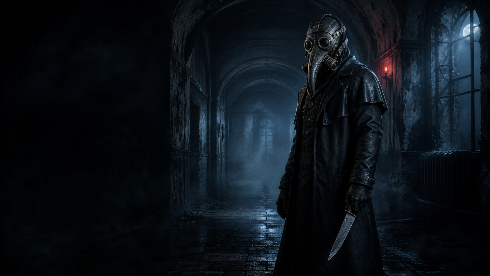 Slasher mit antiker Raben Atemmaske und Messer